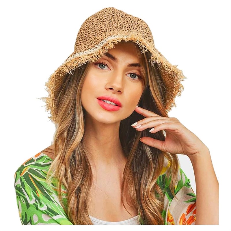 Boderier Womens Straw Hat Beach Sun Hat Frayed Crochet Foldable Straw Bucket Hat Summer Floppy Beach Hats for Women - Image 1